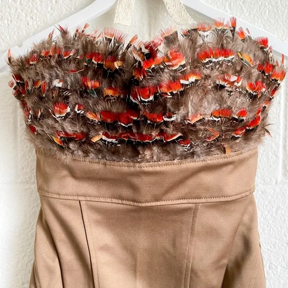 NWOT Strapless Golden Brown Feather Bust Mini Dress - Picture 8 of 12